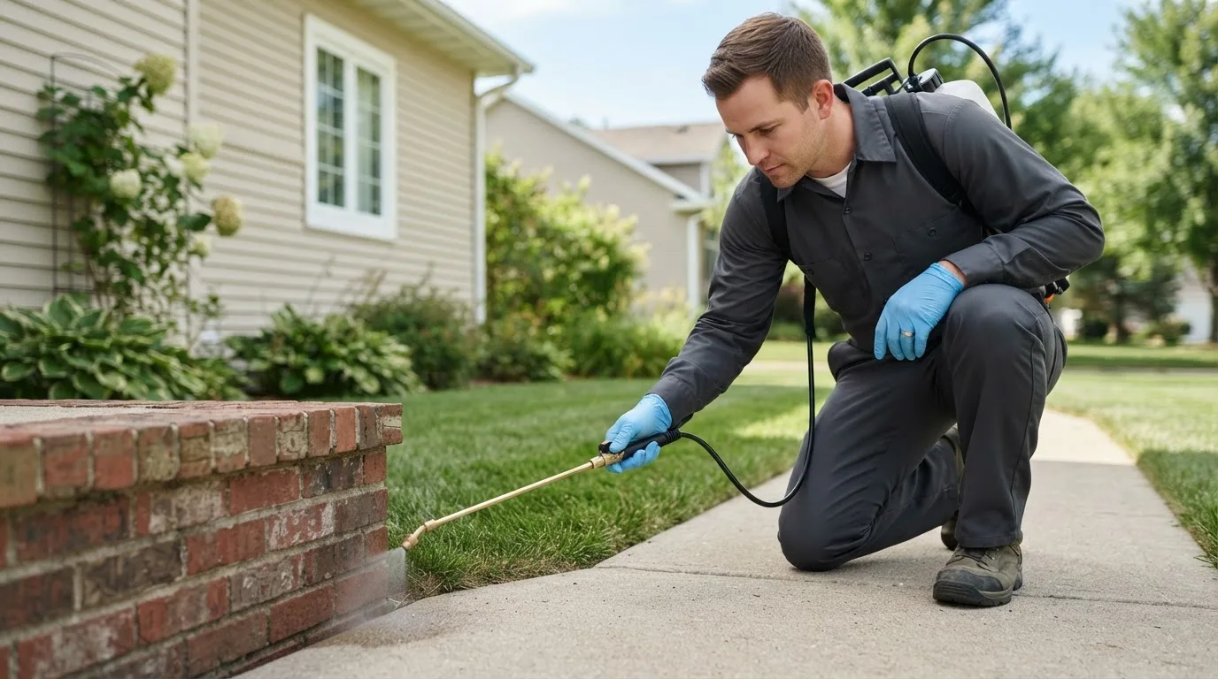 Pest control technician treating a home near Phillips, ME